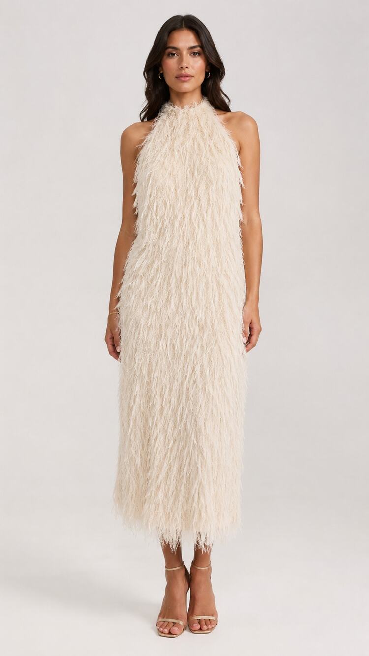 ZARA Fringe Halter Midi Dress Ivory Womens Size Medium New Cocktail Evening